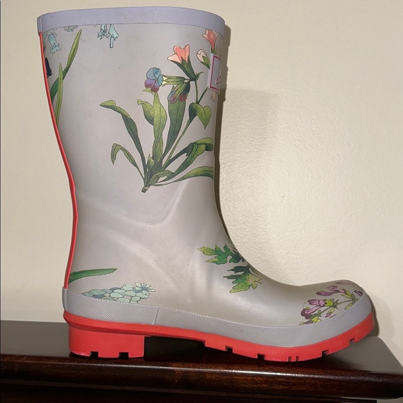 Joules Molly Welly Gray Coral Green Garden Floral Mid Rain Boots - Picture 4 of 11